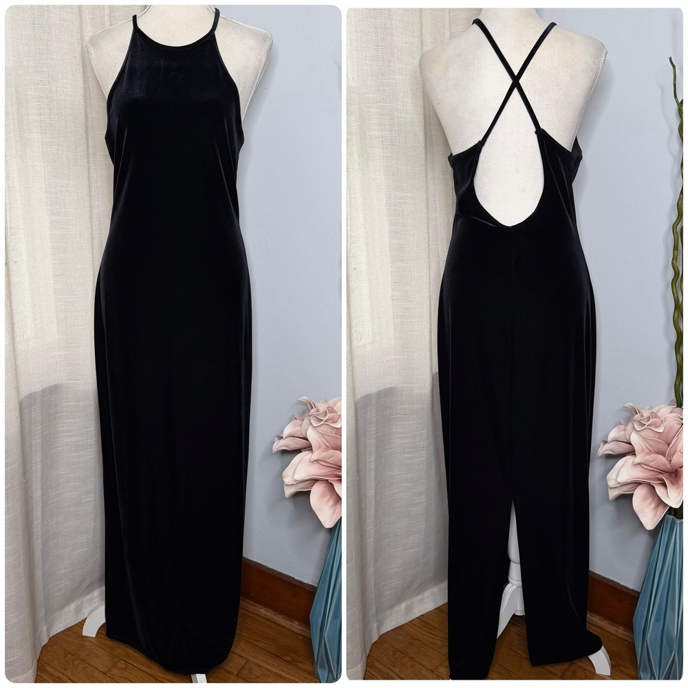 Y2K‎ Vintage Jump Apparel Black Velvet Maxi Dress Open Back Criss Cross 11/12